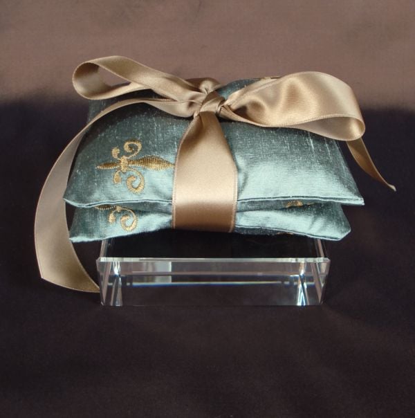 Image of Robin's Egg Blue Embroidered Silk Dupioni Fleur de Lis Dried Lavender Sachet