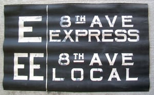 Image of 1930s IND New York Subway Sign w/Routes: E 8TH AVE EXPRESS, 24x12 inches