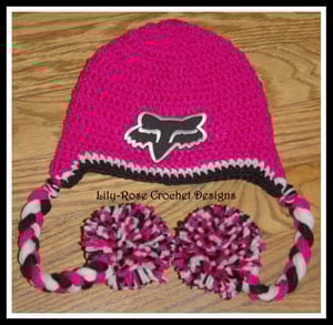 Image of Pink fox racing girls crochet beanie newborn child and adult size hats