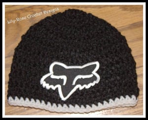 Image of Black crochet fox racing beanie hat baby newborn 0-3 month 2t 3t 4t adult