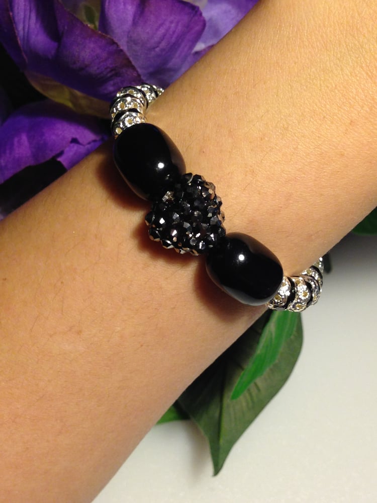 Image of Black and Silver Beaded Bracelet with Studded Heart Bead