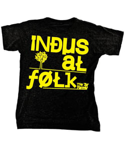 Image of Mens Black Industrial Folk T-Shirt with Yellow Print