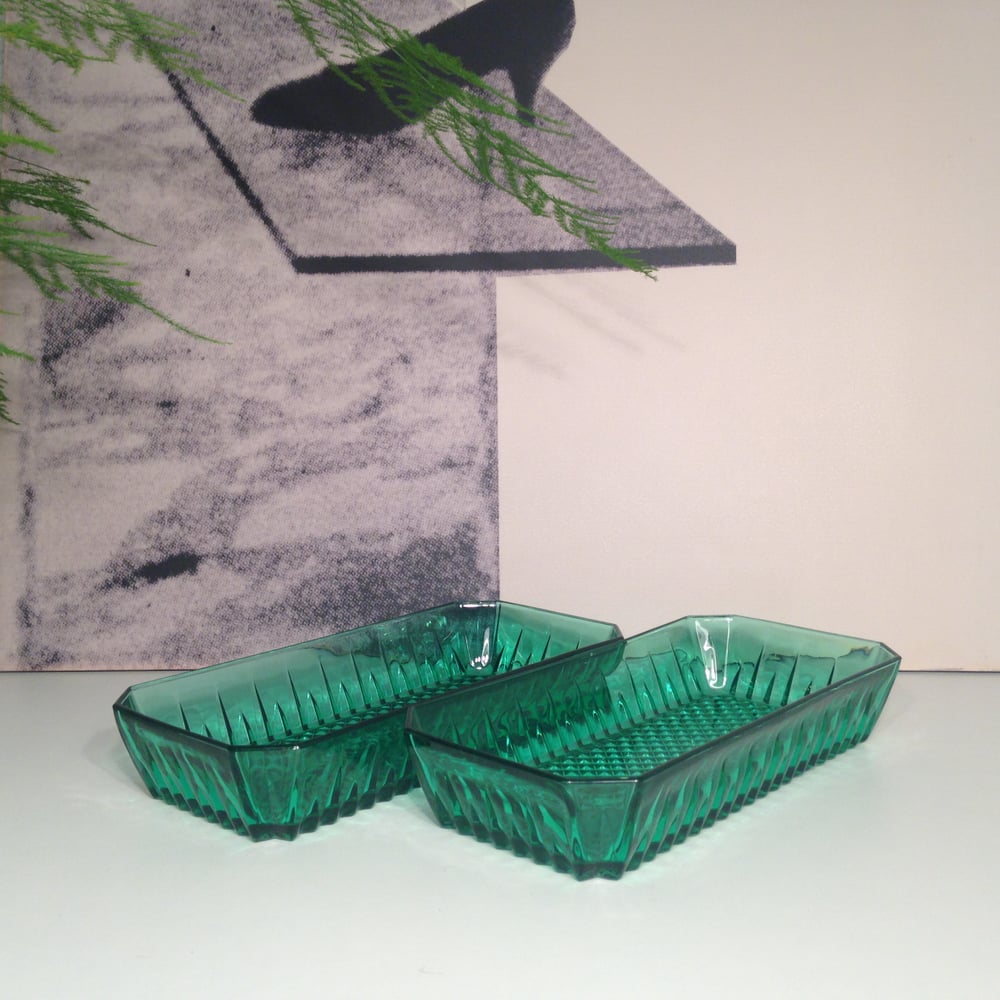 Image of French Arcoroc emerald green glass dishes