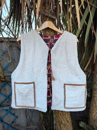 Image 2 of Woodstock Reversible Gilet - Vintage kantha fabric and white teddy fur - greens