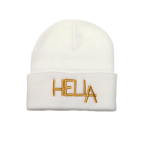 Image of White HelLA Beanie with Gold Embroidery