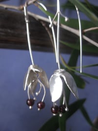Image 1 of Forged sterling silver bell flower hooks with garnets