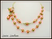 Image of Orange Ribbon Roses And Crystals Gold Designer Glass Pearl Necklace 