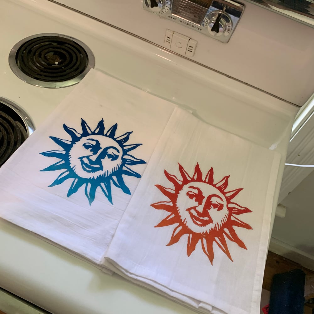 Orange Sunshine/Hand Printed Kitchen Flour Sack Style Tea Towel Set