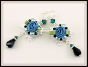 Image of Victorian Romantic Blue Ribbon Rose With Mother Of Pearl And Black And Green Crystal Earrings