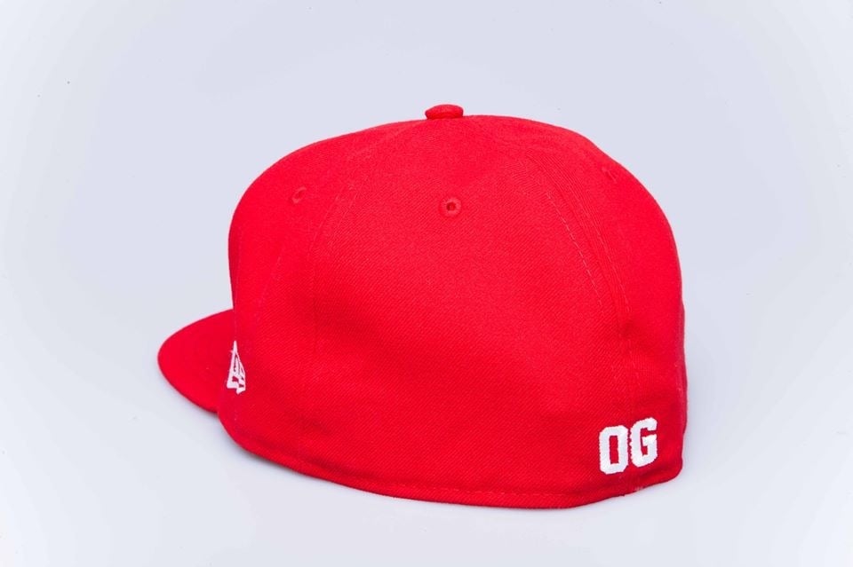 Image of OG Mascot Fitted (red w/ white logos)