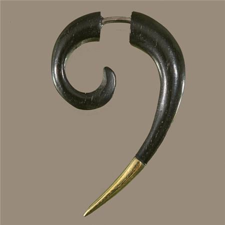 Image of Black Wood And Brass Fake Hook Earrings - Tribal Spiral Jewelry - Split Earrings - Gauged Earrings