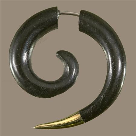 Image of Black Wood And Brass Spiral Hook Earrings - Spiral Jewelry - Piercing Jewelry - Spiral Fake Gauges 