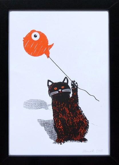 Image of cat and balloon screen print 21 x 29.7 cm (A4)