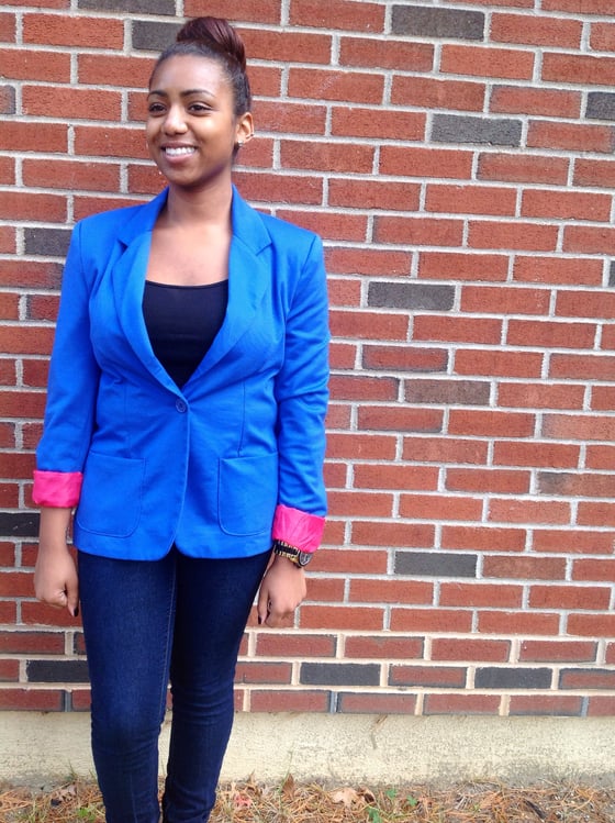 Image of Blue blazer with pink inside 