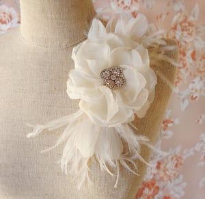 Image of Ivory Silk Chiffon and Rhinestone Flower Bridal Hair Comb with Feather Trim