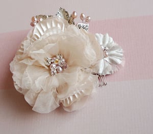 Image of Double Champagne Blush Silk Floral Bridal Hair Comb Fascinator Freshwater Pearl Silver Leaves