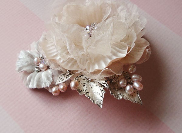 Image of Double Champagne Blush Silk Floral Bridal Hair Comb Fascinator Freshwater Pearl Silver Leaves