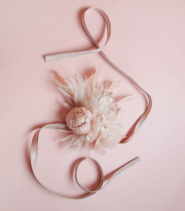 Image of Soft Blush Floral and Feather Bridal Cuff - Cocktail Cuff 