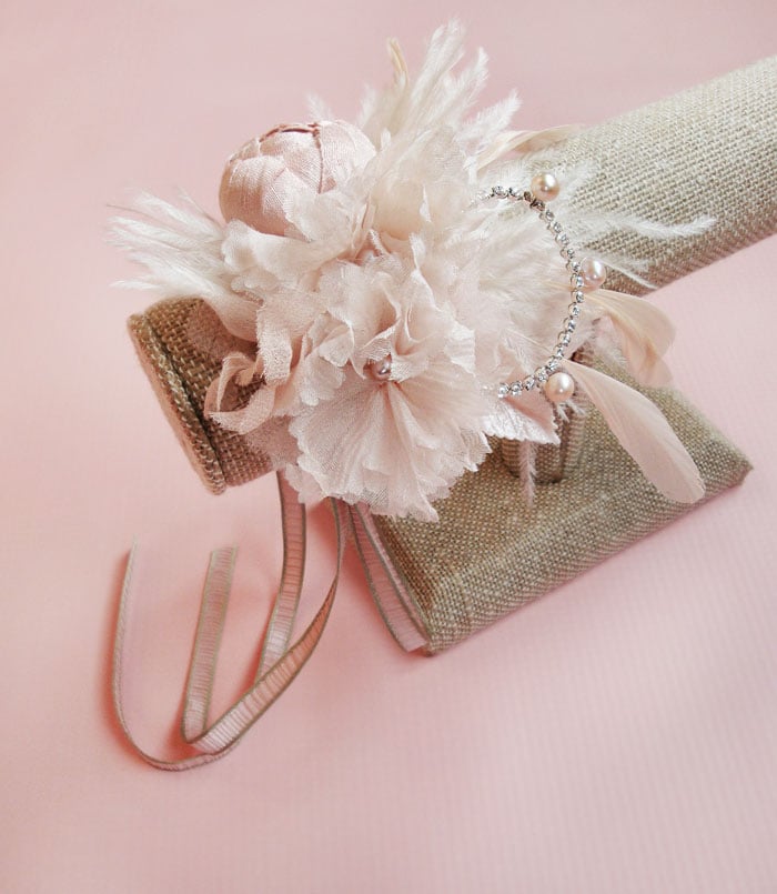 Image of Soft Blush Floral and Feather Bridal Cuff - Cocktail Cuff 
