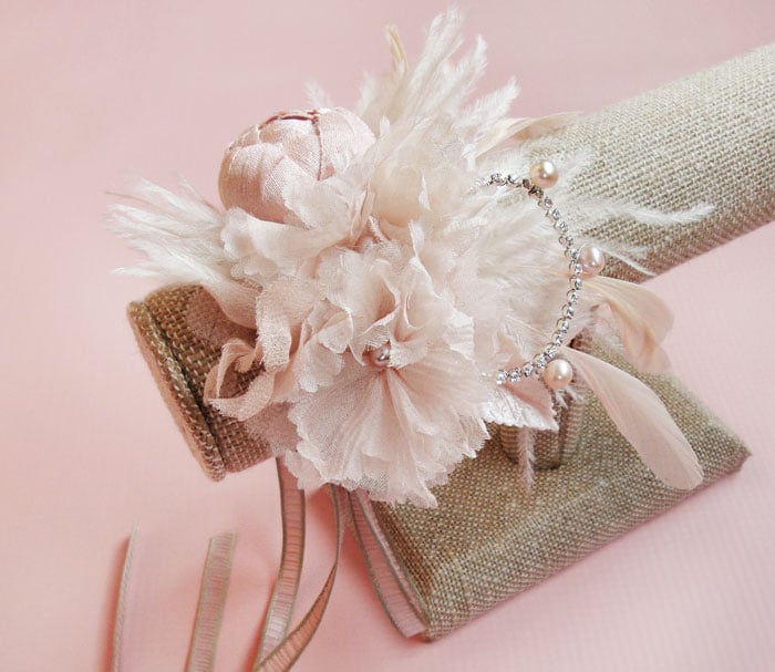 Image of Soft Blush Floral and Feather Bridal Cuff - Cocktail Cuff 