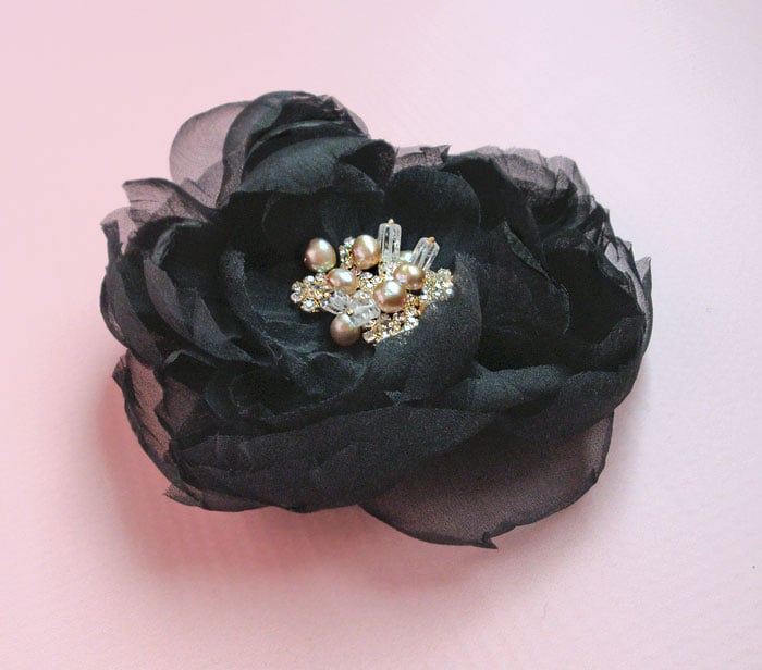 Image of Black Silk Chiffon Clip Fascinator with Gold Rhinestone Pearl and Gemstone Beading