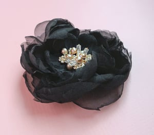 Image of Black Silk Chiffon Clip Fascinator with Gold Rhinestone Pearl and Gemstone Beading