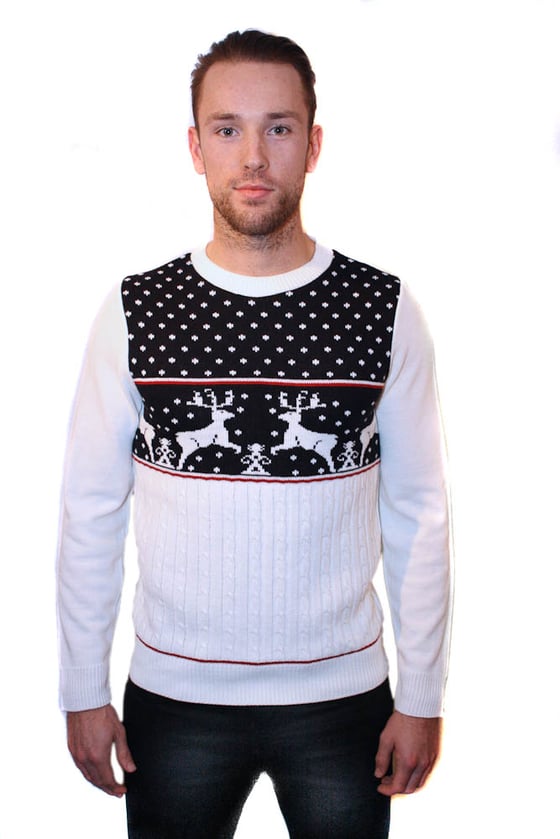 Image of Unisex White Cable Knit Adult Stags Christmas Jumper