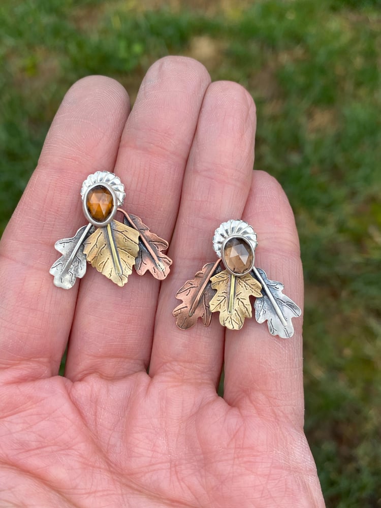 Image of Mixed Leaf Mixed Metal Mismatch Color Zircon Jacket Earrings