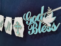 Image 1 of Personalized Baptism Banner Silver Blue God Bless Party Decor. Christening Party Confirmation