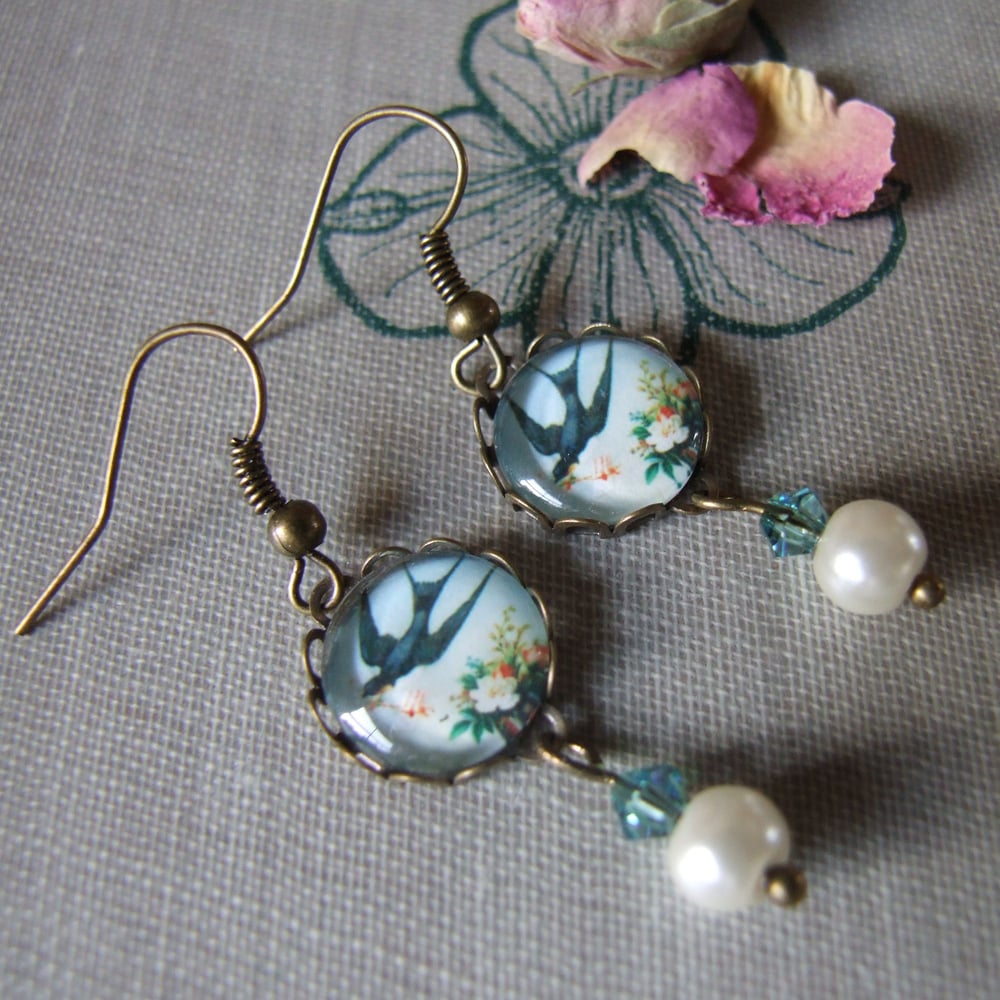 Image of "FLYING FOR LOVE" Glass Cabochon Earrings