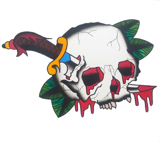 Image of Original Skull Dagger Blood A4 Painting