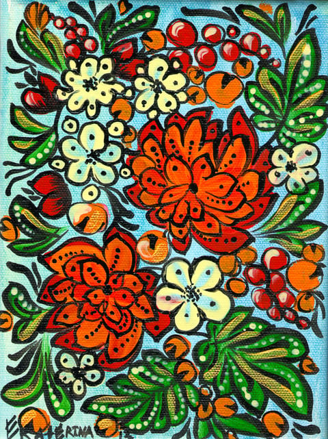 Image of Gipsy Flowers - Orange on Blue