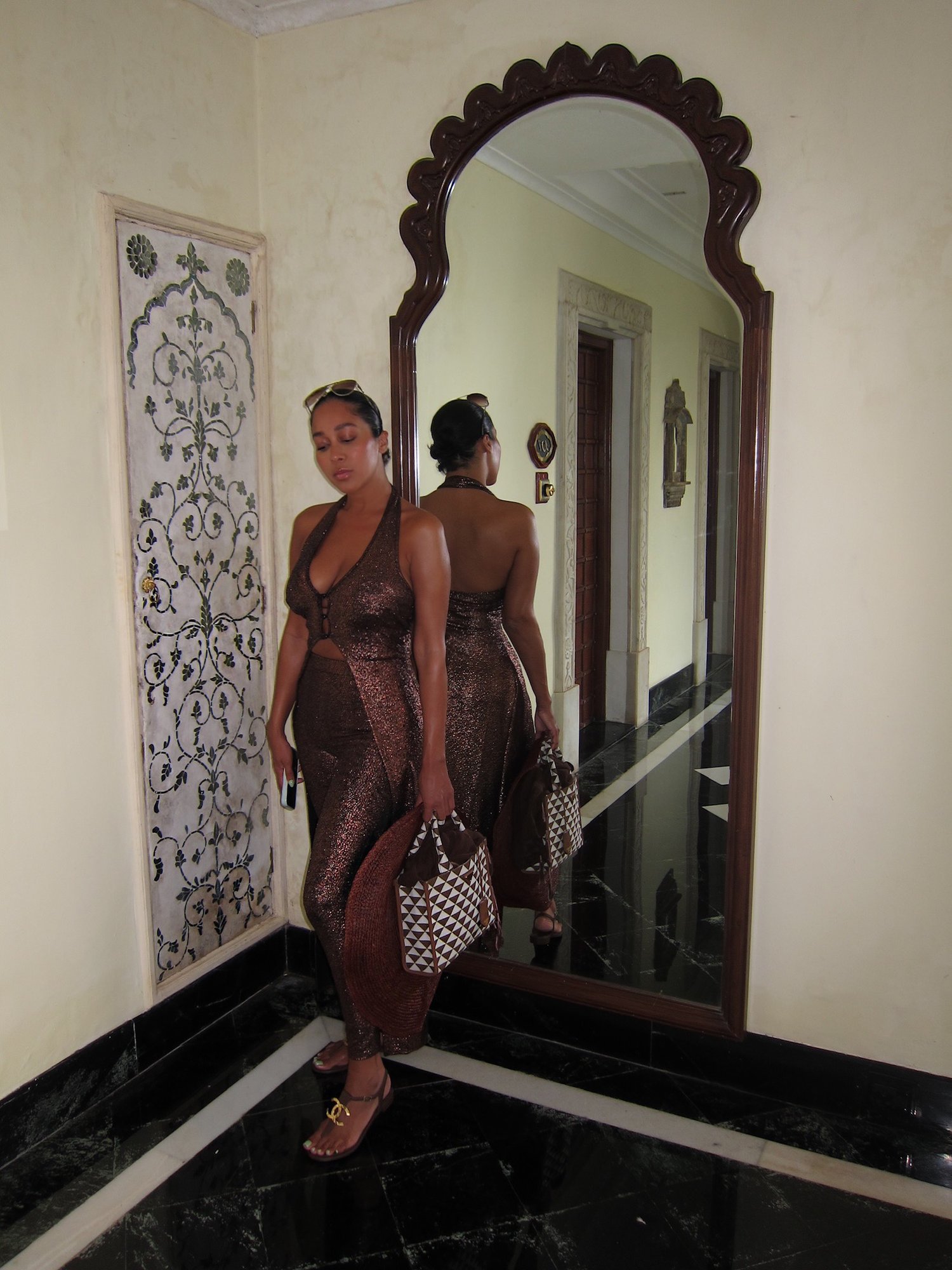 Image of BROWN METALLIC LEGGINGS & HALTER TOP SET (S)