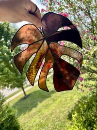 Image 3 of Monstera Leaf Stained Glass Suncatcher - Botanical Home Decor - Earthtones 2