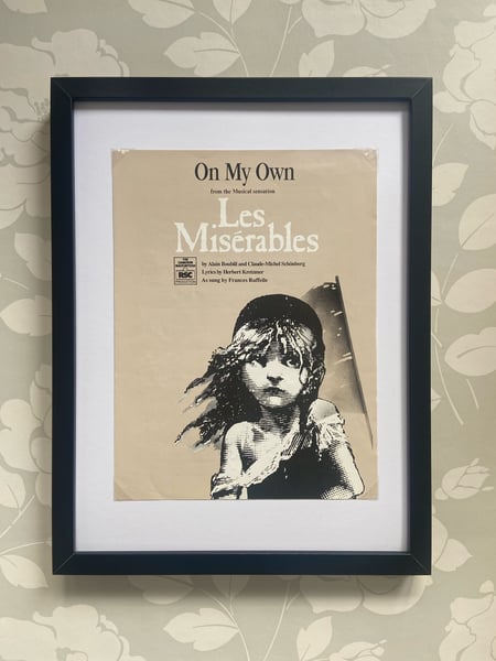 Image of On My Own from Les Miserables, framed 1986 vintage sheet music