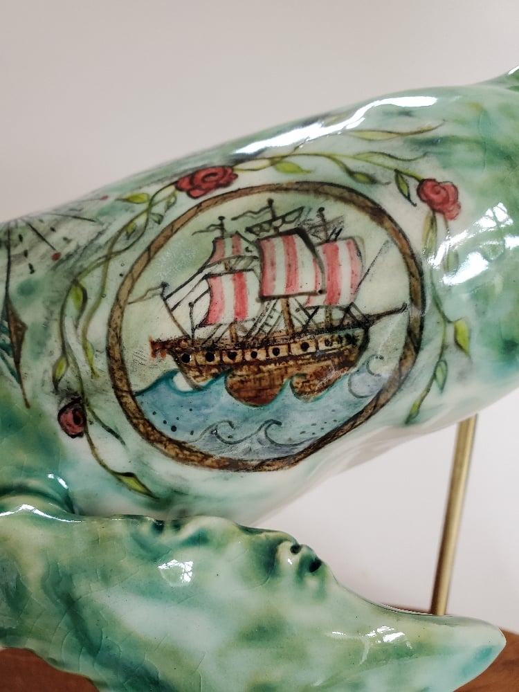 Scrimshaw Whale with clipper ship and seahorse Image 3