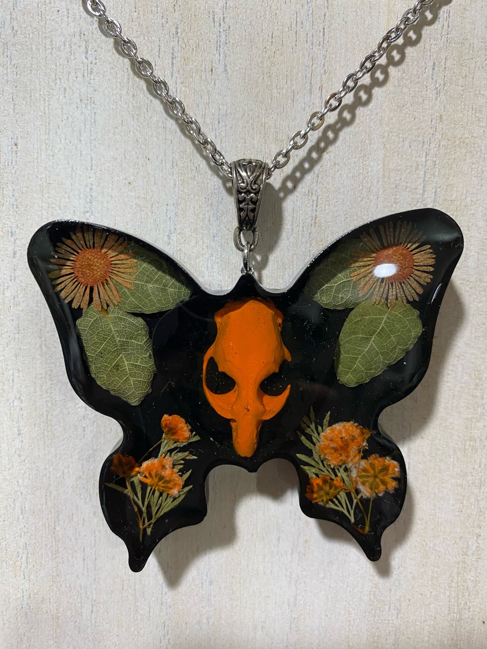 Orange Floral Butterfly Skull Pendant 