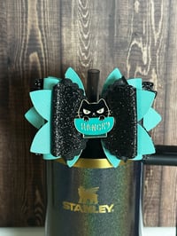 Image 1 of Black and Teal Tumbler Straw Topper Bow | Glitter Cup Accessory 