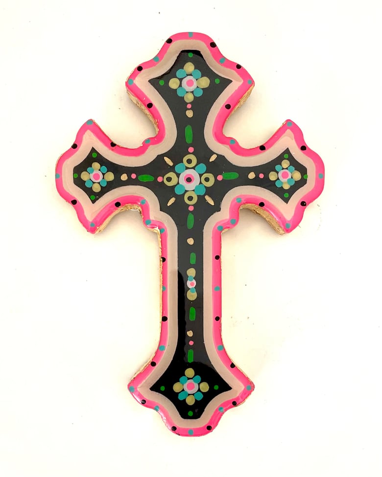 Image of Floral Cross Small Black/White/Fluoro Pink 2