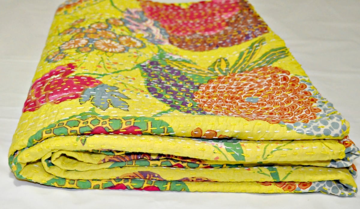 Indian sari Queen kantha quilt in yellow floral kantha quilt bed cover