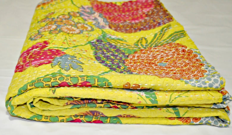 Image of Indian sari Queen kantha quilt in yellow floral kantha quilt bed cover blanket throw bedspread