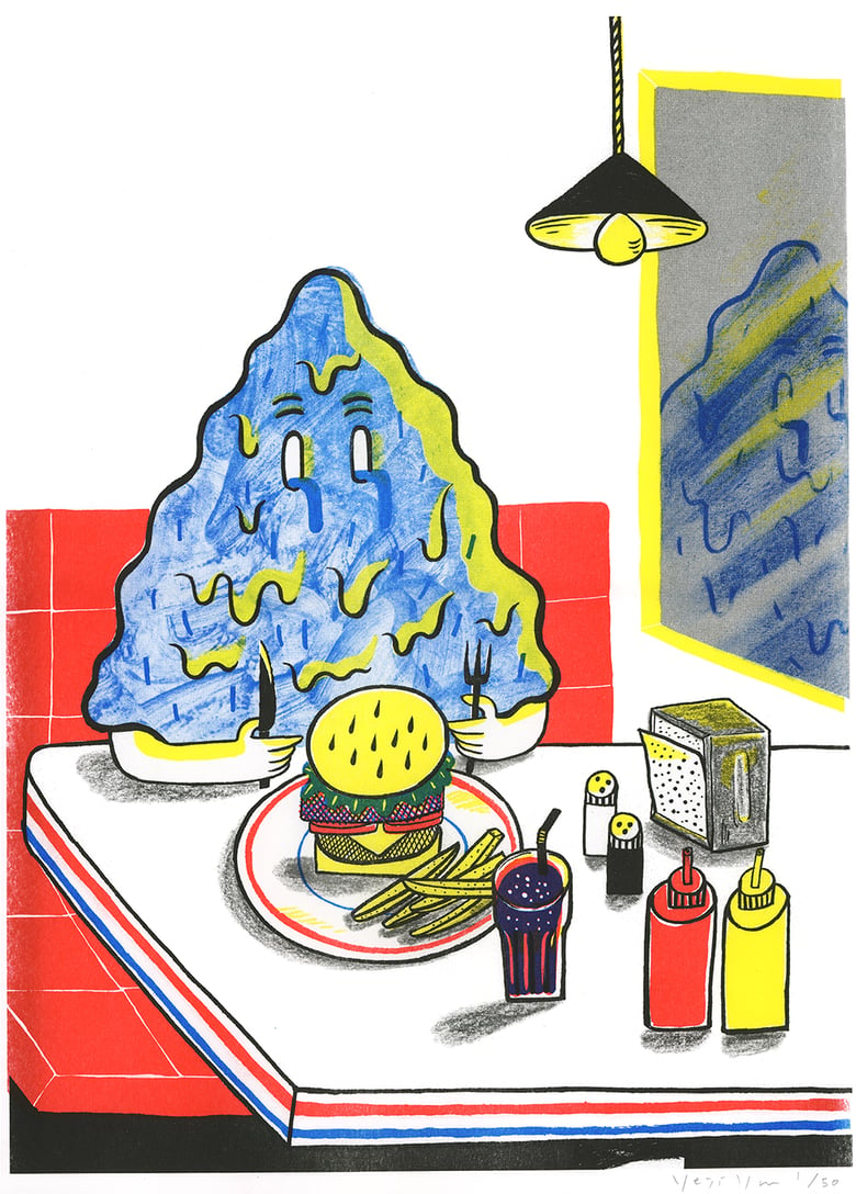 Image of Risoprint/covered in tears in a diner 