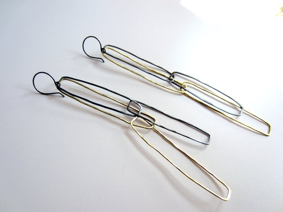 Image of Brass and silver long rectangle chain earrings