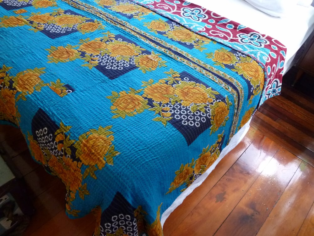 Image of Kantha Quilt Bedspread Throw - Blue Yellow Red Turquoise