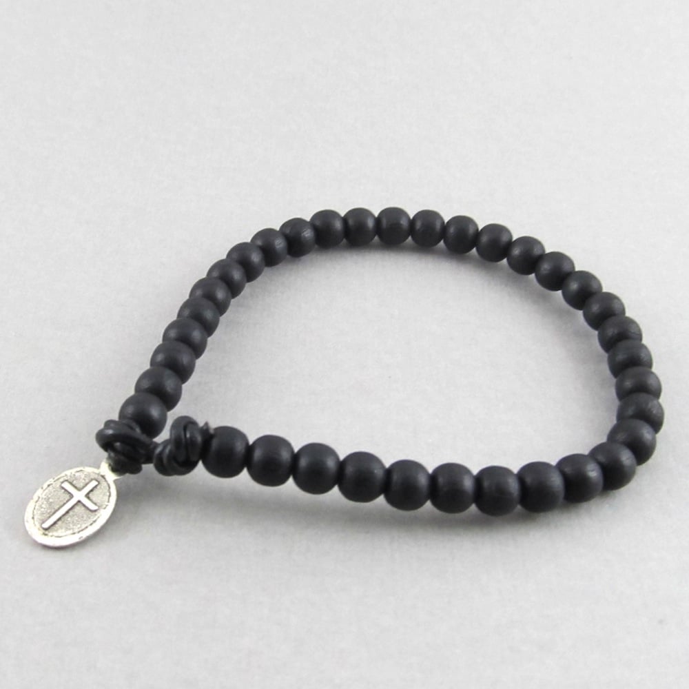 Image of Black beaded bracelet with cross fastening