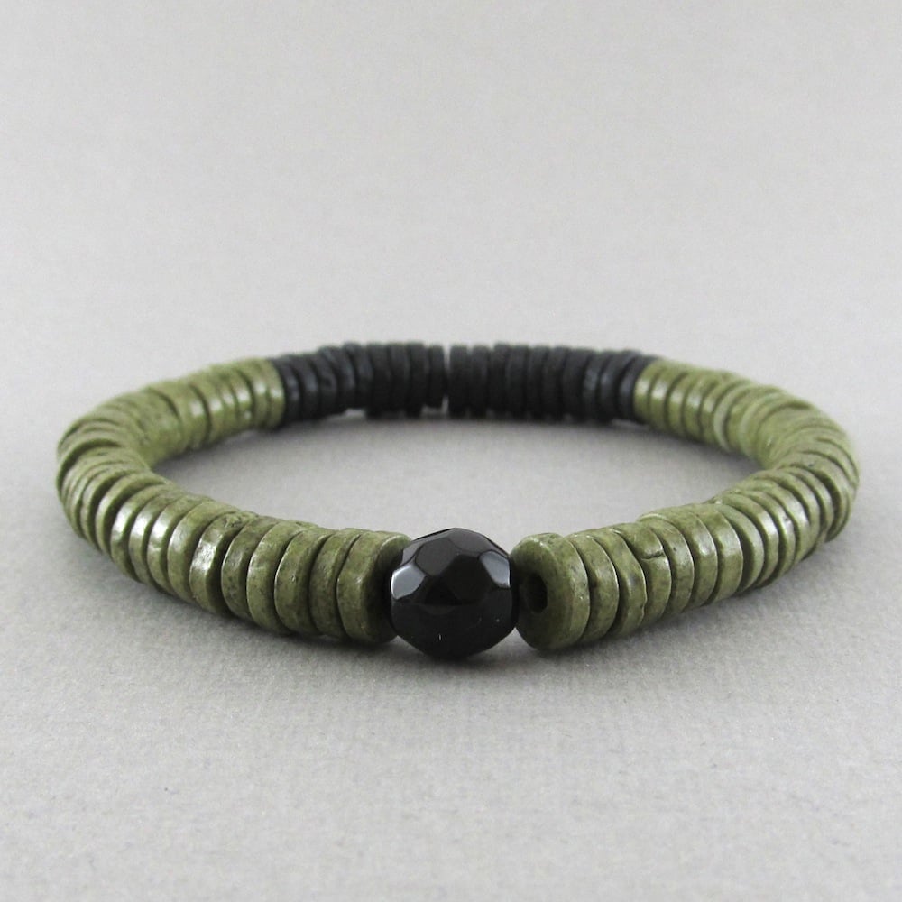Image of Olive green and black disc and faceted bead bracelet
