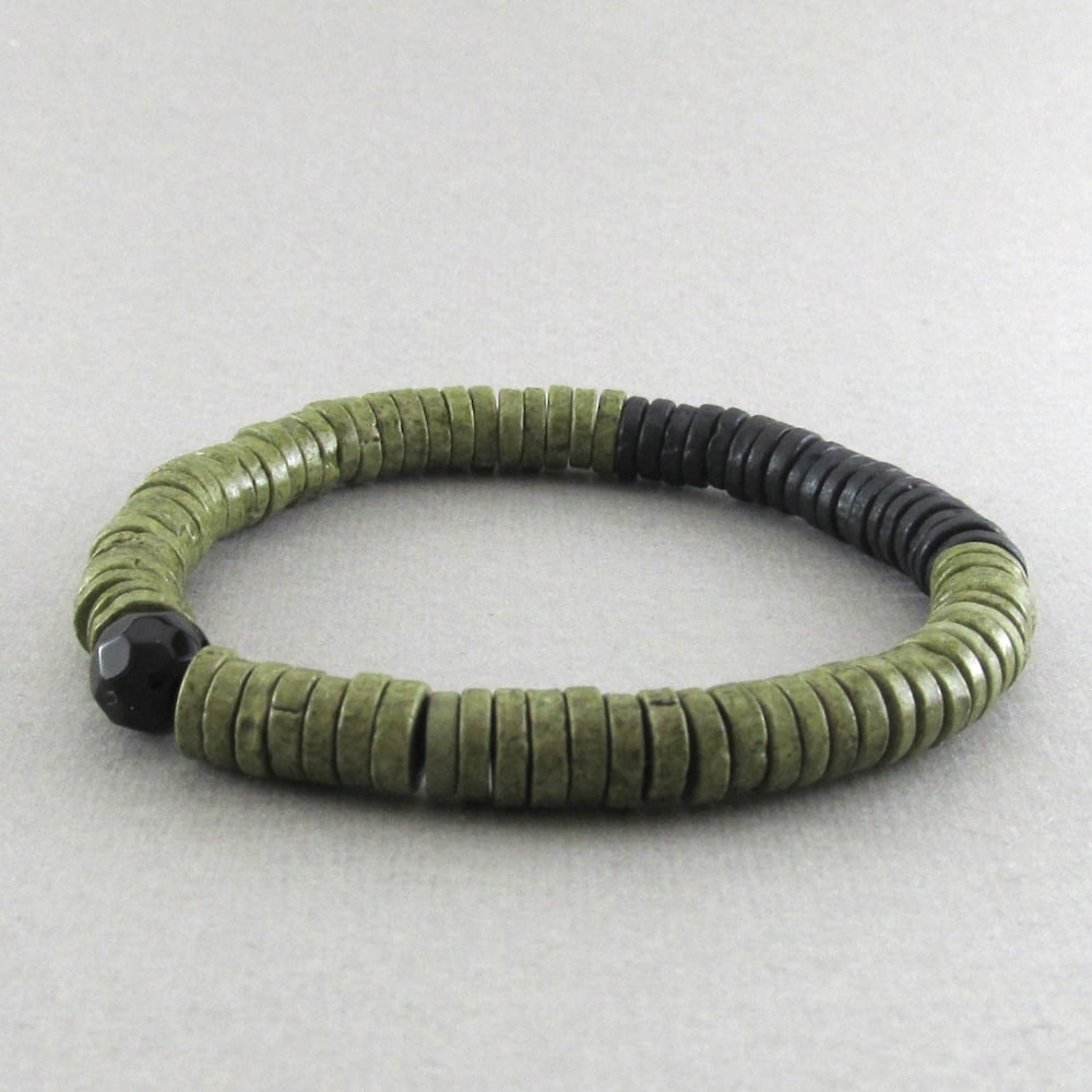 Image of Olive green and black disc and faceted bead bracelet