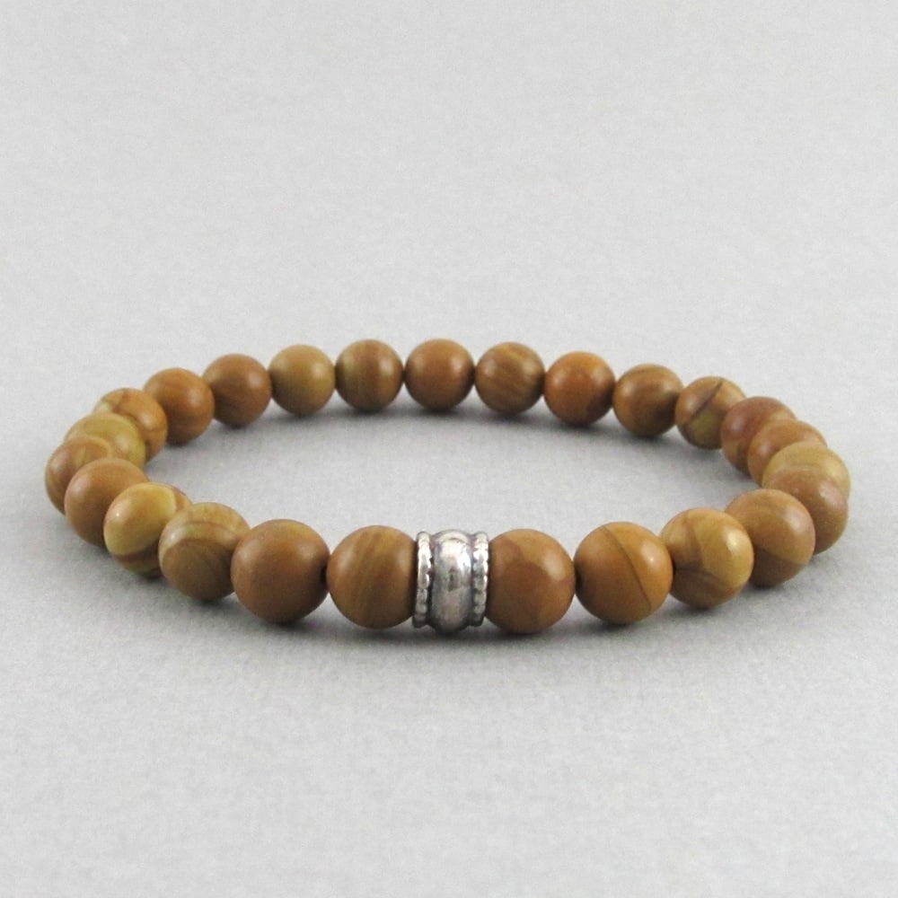 Image of Wood Grain stone and silver bead bracelet