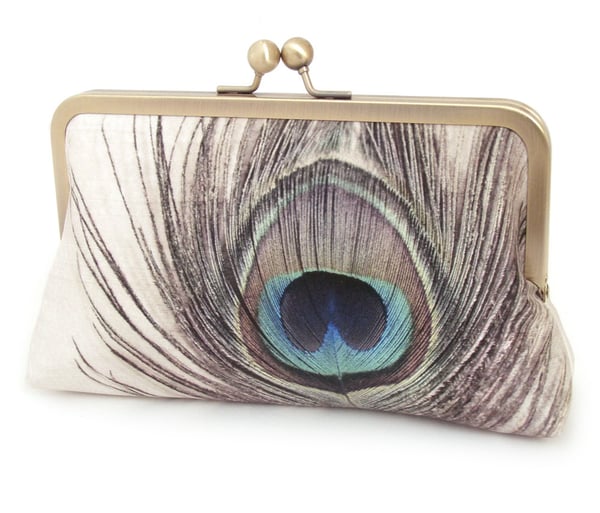 Image of Peacock feather printed fabric clutch bag + optional chain handle