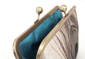 Image of Peacock feather, silk clutch bag with optional chain handle